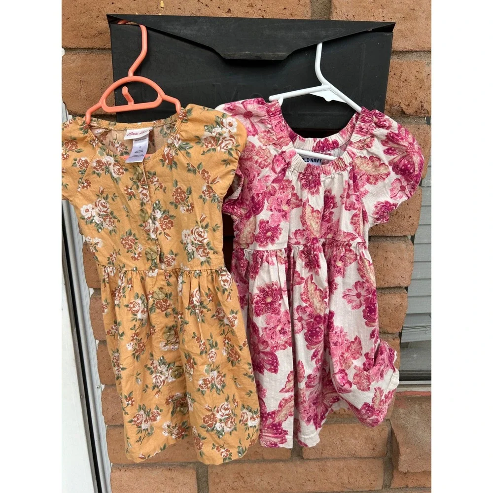 Old Navy Little Lass Toddler Girls Floral Dress Bundle 3T Mustard Pink 2pc‎ Set